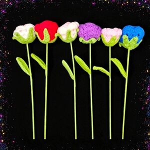 Set Of 3 Colorful Crochet Flower Rose Stems
